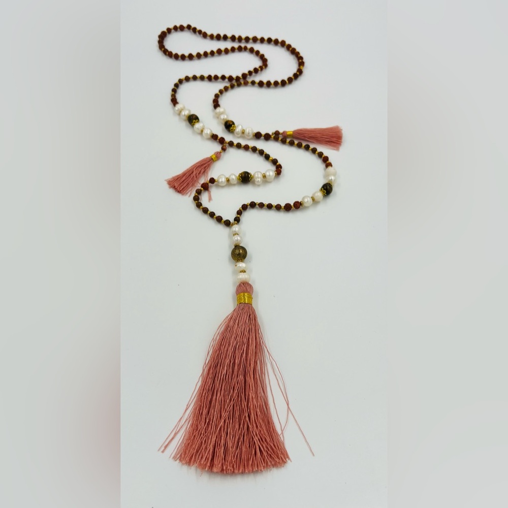 Pink Tassel Necklace w/Pearls, Tiger’s Eye, Rudrasksha & Sandstone beads 40”